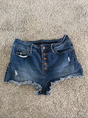 High-Rise Button-Front Distressed Denim Shorts - Blue Size 5 / 27